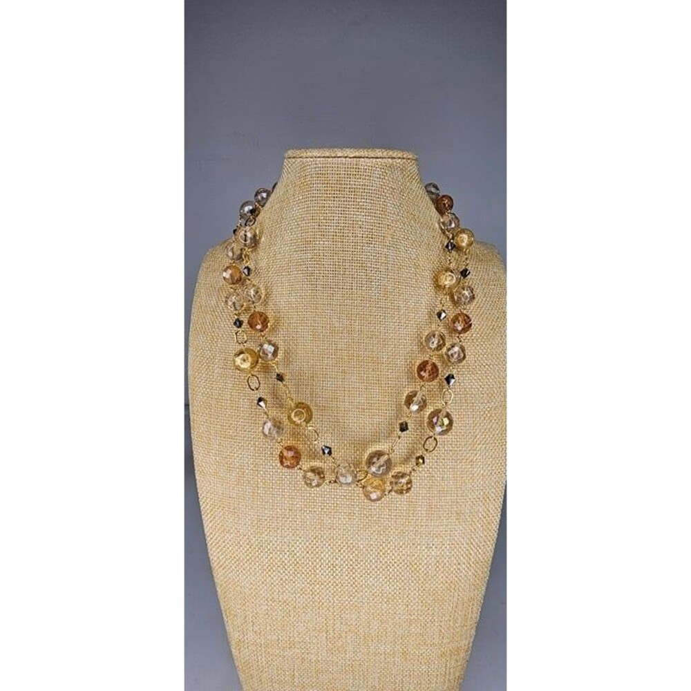 GORGEOUS Double Strand Crystal & Gold Foil Glass Bead Amber Orange Necklace 22"L